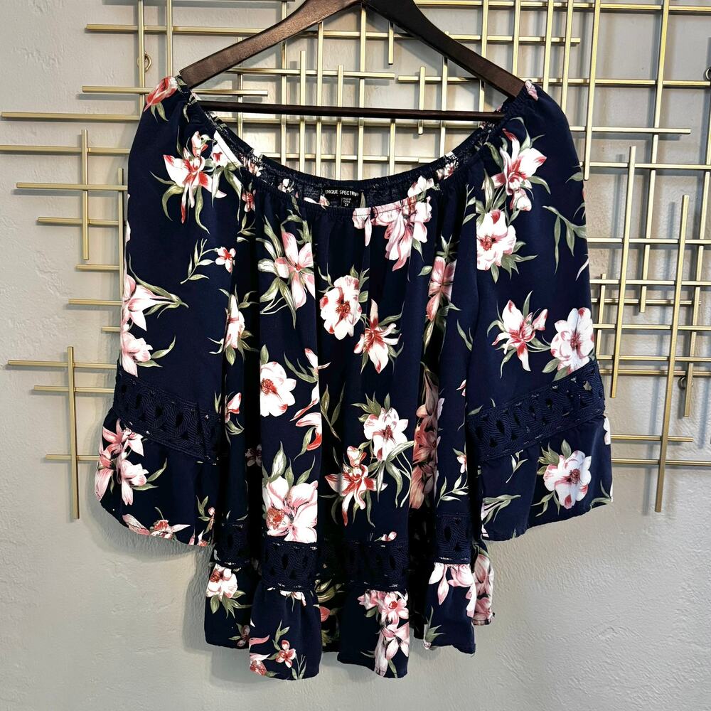 Unique Spectrum 2X Navy Floral Off Shoulder Boho Bell Sleeve Blouse